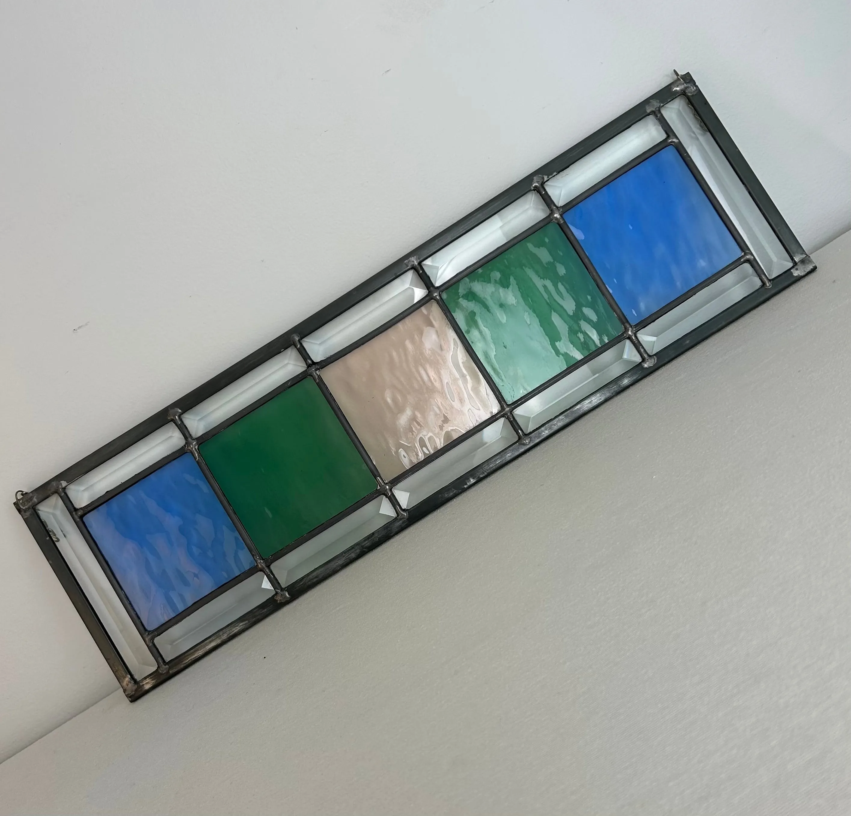 Stained Glass Panel with Faceted Edge, Blue, Green, Beige