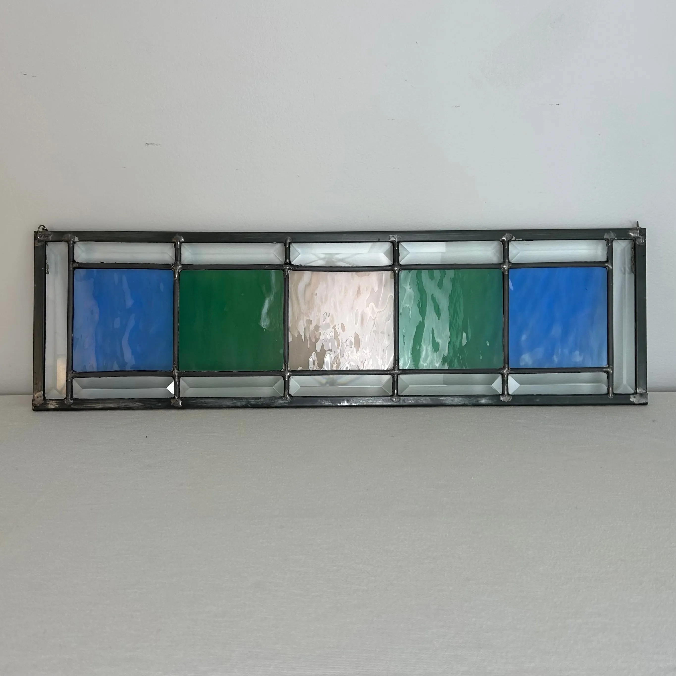 Stained Glass Panel with Faceted Edge, Blue, Green, Beige