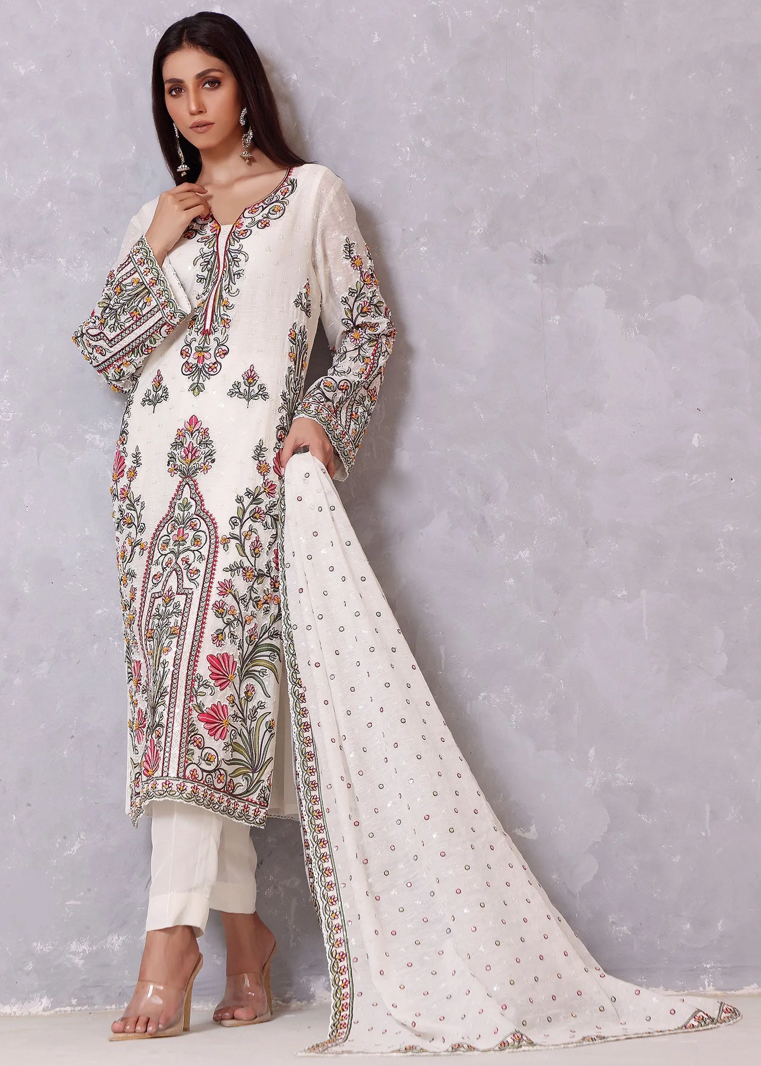 White Color Fancy Dhaga Embroidery Work Dress