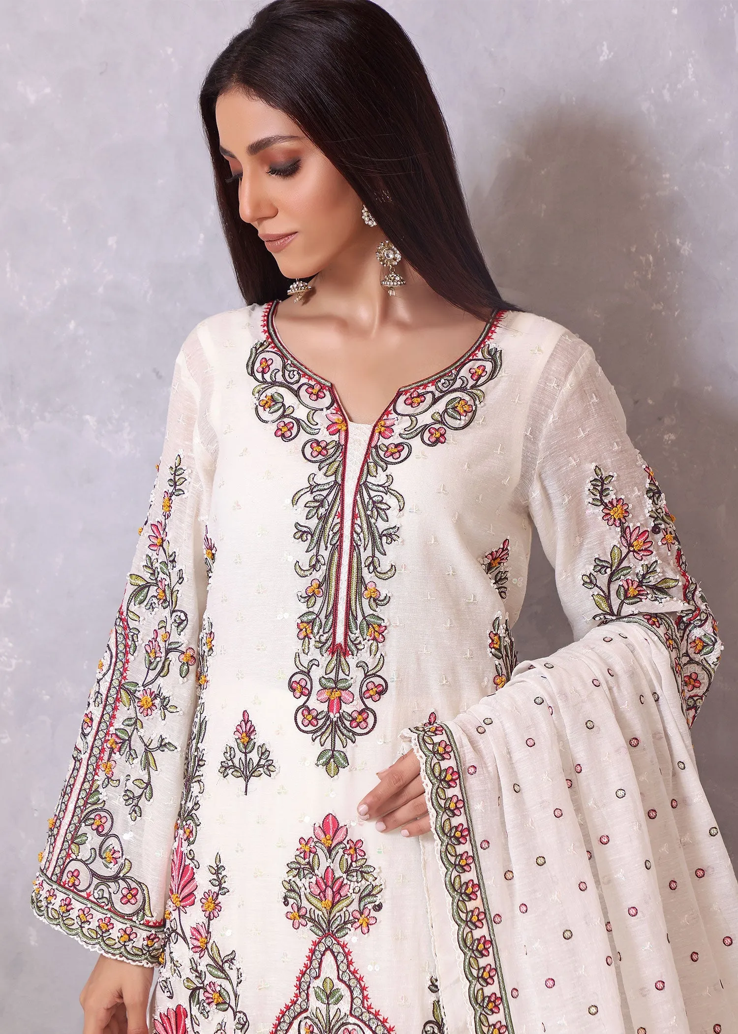 White Color Fancy Dhaga Embroidery Work Dress