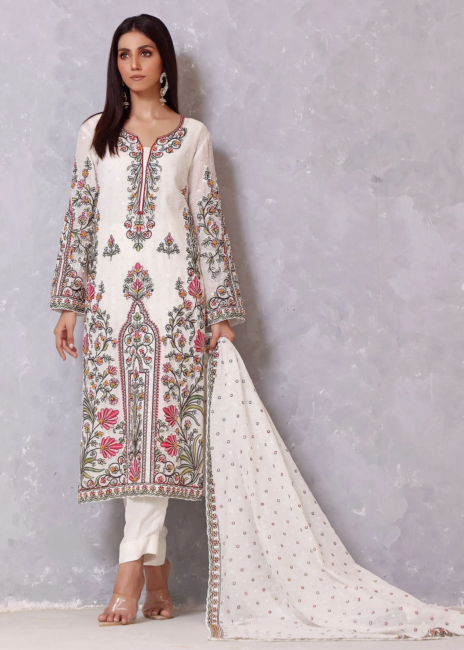 White Color Fancy Dhaga Embroidery Work Dress